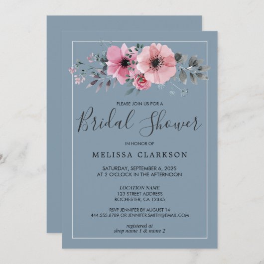 水色素朴の花ほこりっぽい青ブライダルシャワー 招待状 (正面/裏面)