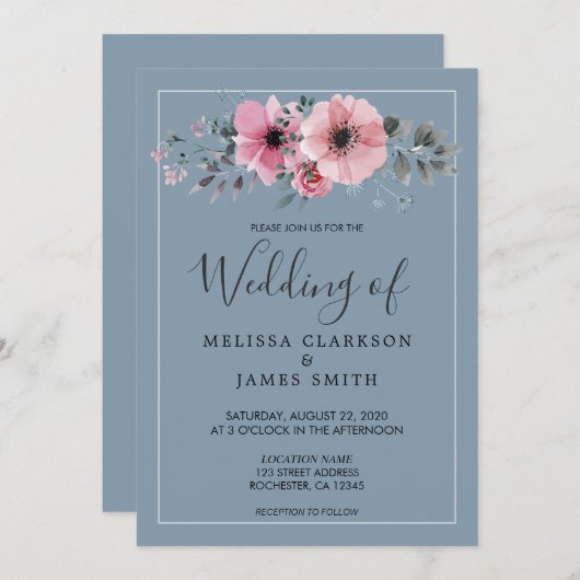 水色素朴の花ほこりま結婚った青 招待状 (正面/裏面)