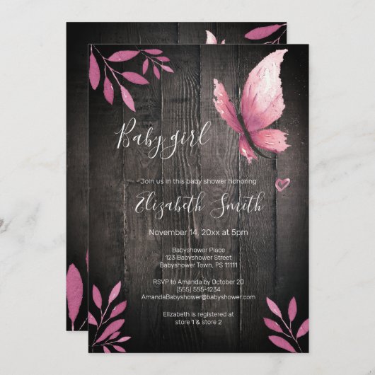 水色素朴ピンクの蝶ガールbabshower 招待状 (正面/裏面)