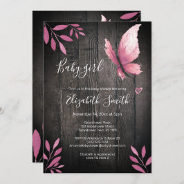 水色素朴ピンクの蝶ガールbabshower 招待状