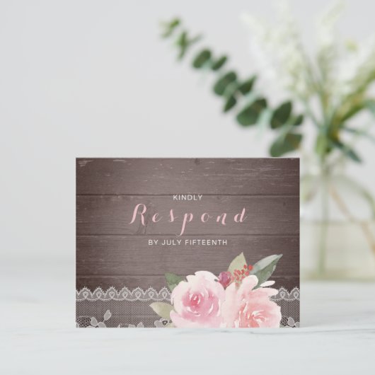水色素朴フローラヴィンテージレース結婚式RSVP インビテーションポストカード (スタンド正面)