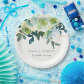 水色素朴ブルーグリーンフローラリーフ結婚ズ ペーパープレート (パーティー)