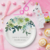 水色素朴ブルーグリーンフローラリーフ結婚ズ ペーパープレート (パーティー)