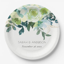 水色素朴ブルーグリーンフローラリーフ結婚ズ ペーパープレート