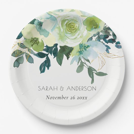 水色素朴ブルーグリーンフローラリーフ結婚ズ ペーパープレート (正面)