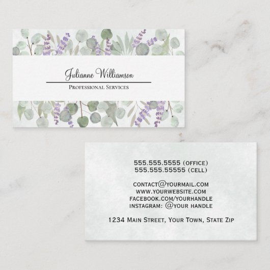 水色素朴ユーカリ及びラベンダーかわいらし 名刺 (正面/裏面)