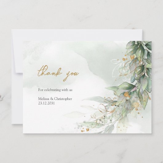 水色素朴ユーカリ緑金ゴールド サンキューカード (正面)