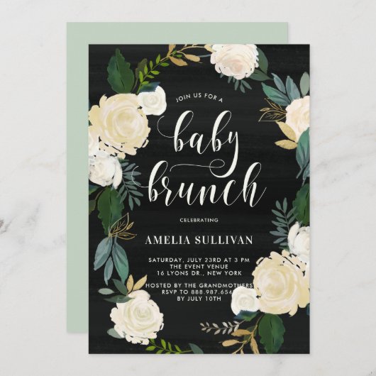 水色素朴花赤ちゃんシャワーブランチ 招待状 (正面/裏面)