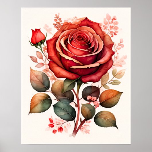 水色絵画のバラ赤 ポスター (正面)