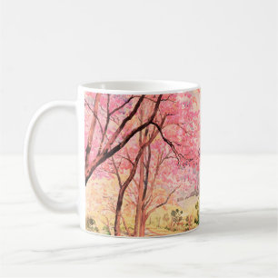 水色絵画の山水色のピンクの赤いWの花 コーヒーマグカップ