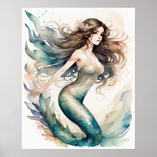 水色絵画の茶色の髪の人魚 ポスター (正面)