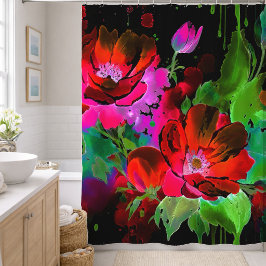 水色絵画の赤い花の黒 シャワーカーテン