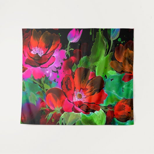 水色絵画の赤い花の黒 タペストリー (正面(横))