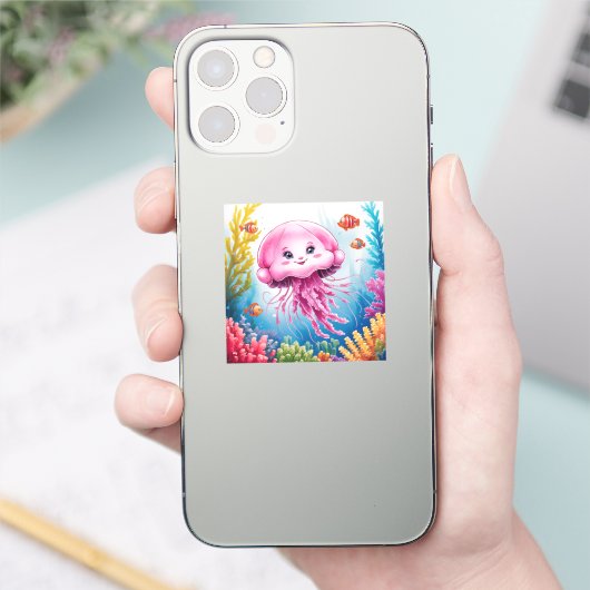 水色絵画クラゲ シール (スマートフォン)