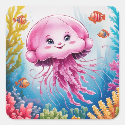 水色絵画クラゲ スクエアシール (正面)