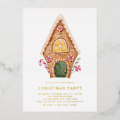 水色背の高いジンジャーブレッドハウスクリスマスパーティー 箔招待状 (正面)