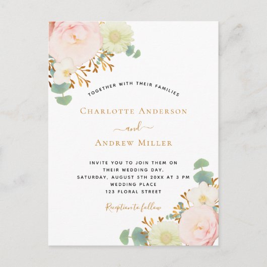 水色花模様ピンクローズ結婚金ゴールド ポストカード (正面)