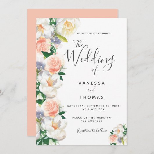 水色花模様白いサンゴ結婚のスクリプト 招待状 (正面/裏面)