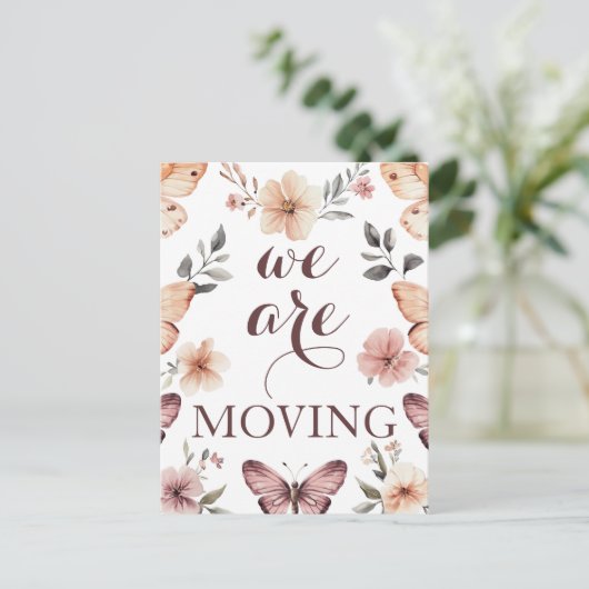 水色花模様蝶の新しいアドレス移動 ポストカード (スタンド正面)