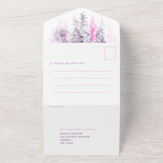 水色葉のインディゴ結婚ピンクのパーティー オールインワン招待状 (外側)