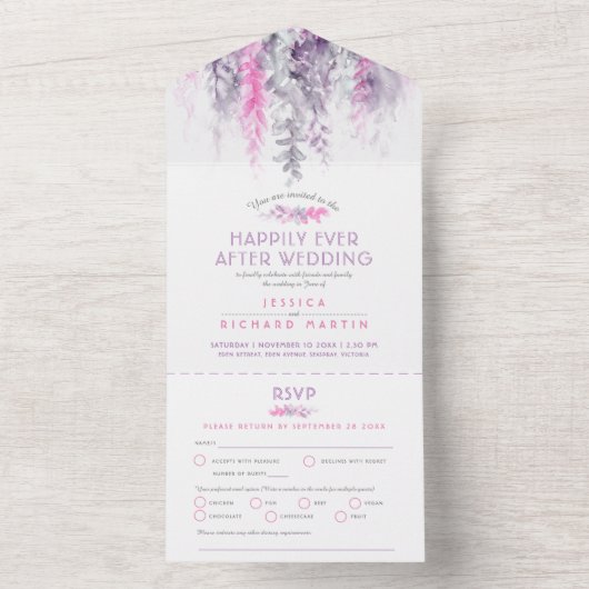 水色葉のインディゴ結婚ピンクのパーティー オールインワン招待状 (内側)