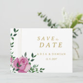 水色薄紫の緑の金ゴールドフローラ日付の保存 招待状 (スタンド正面)