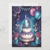 水色誕生日バルーンケーキネイビーブルーパープル 招待状 (正面)