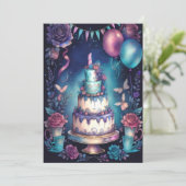 水色誕生日バルーンケーキネイビーブルーパープル 招待状 (スタンド正面)