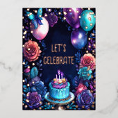 水色誕生日バルーンケーキネイビーブルーパープル 箔招待状 (正面)