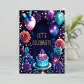 水色誕生日バルーンケーキネイビーブルーパープル 箔招待状 (立ち正面)