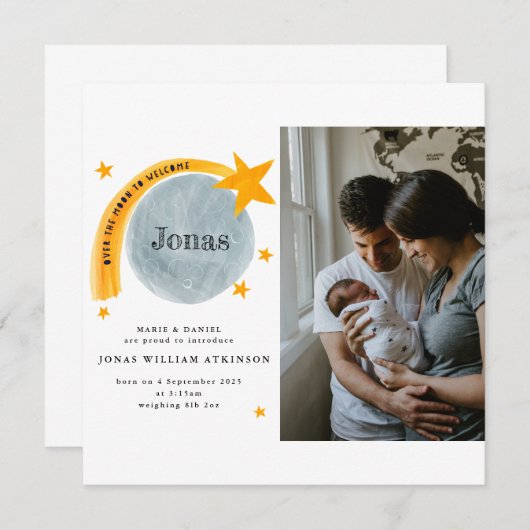 水色誕生発表月面ベビーカード 案内状 (正面/裏面)