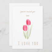 水色赤いチューリップ花グリーティングカード 招待状 (正面/裏面)