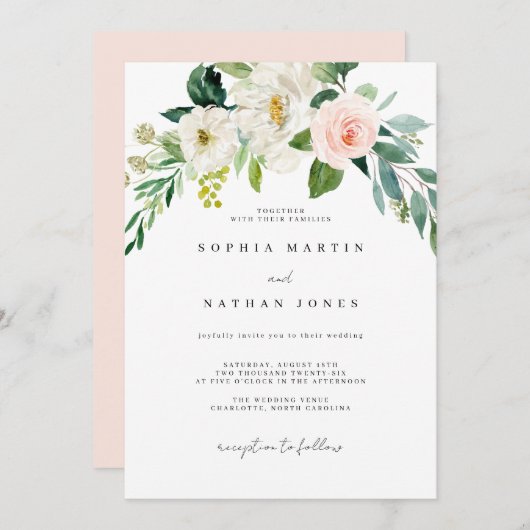 水色赤面グリーンリーフボタニカル結婚ズInv 招待状 (正面/裏面)