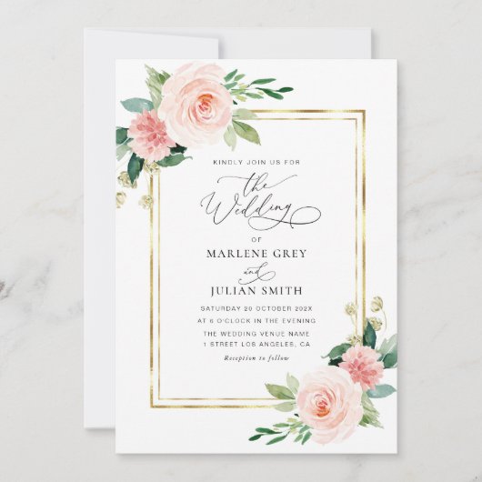 水色赤面フローラ金ゴールド結婚枠 招待状 (正面)