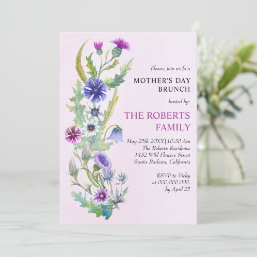 水色野生の花ピンク母の日ブランチ 招待状 (スタンド正面)