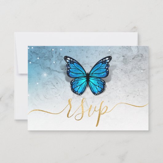 水色金ゴールドネイビーブルーバタフライ素朴ズ結婚ズ 出欠カード (裏面)
