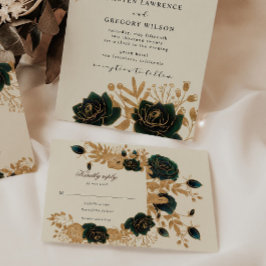 水色金ゴールドバラフローラRSVP応答カード 出欠カード