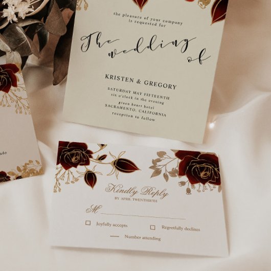 水色金ゴールドバラRSVP応答カード 出欠カード