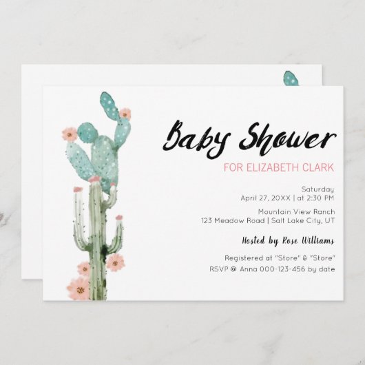 水色開花サボテン赤ちゃんシャワー 招待状 (正面/裏面)
