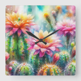 水色顕花多肉質サボテン スクエア壁時計