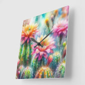 水色顕花多肉質サボテン スクエア壁時計 (傾斜)