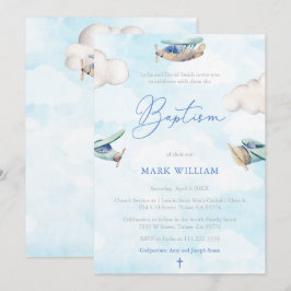 水色飛行機スカイクラウドボーイバプテスマパーティー 招待状