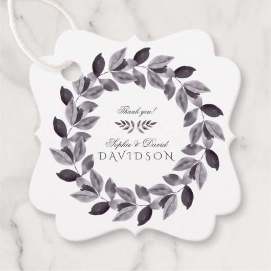 水色魅力的インクの葉のリース結婚の フェイバータグ (正面)