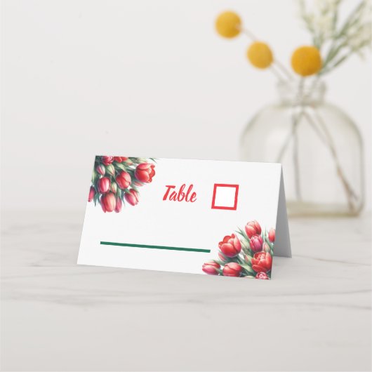 水色鮮やかな赤いチューリップ – 折り畳まれた座席表 プレイスカード (正面)