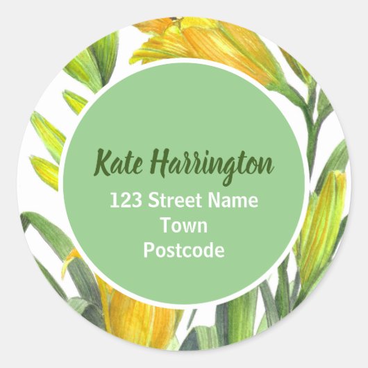 水色鮮やかな黄色の日のユリの円のアドレス ラウンドシール (正面)