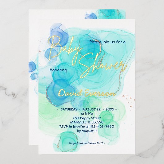 水色 – 水色 – 実在金ゴールド 箔招待状 (正面/裏面)