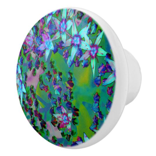 水色、紫、青の多肉性のセダムの花 セラミックノブ (右)