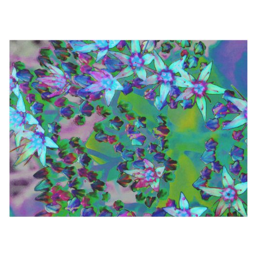 水色、紫、青の多肉性のセダムの花 テーブルクロス (正面(横))