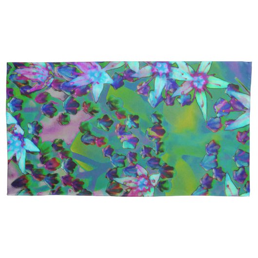 水色、紫、青の多肉性のセダムの花 枕カバー (正面左)