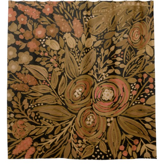 水色，黒茶色のフローラ，パターン黒 シャワーカーテン (正面)